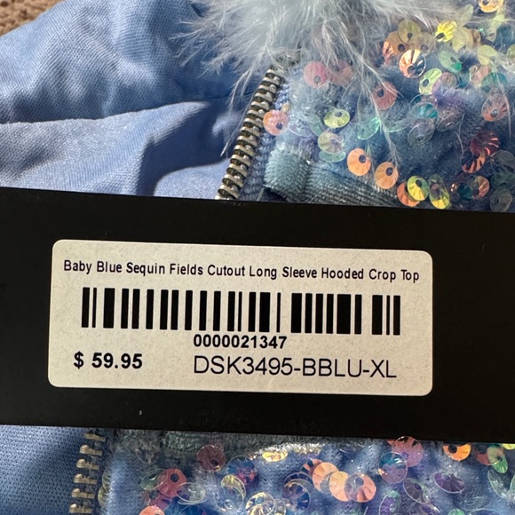 RAVE WONDERLAND Baby Blue Sequin Cutout Long Sleeve Hooded Crop Top - Picture 4 of 4